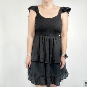 NWOT Black Smocked Mini Dress Medium Ruffle